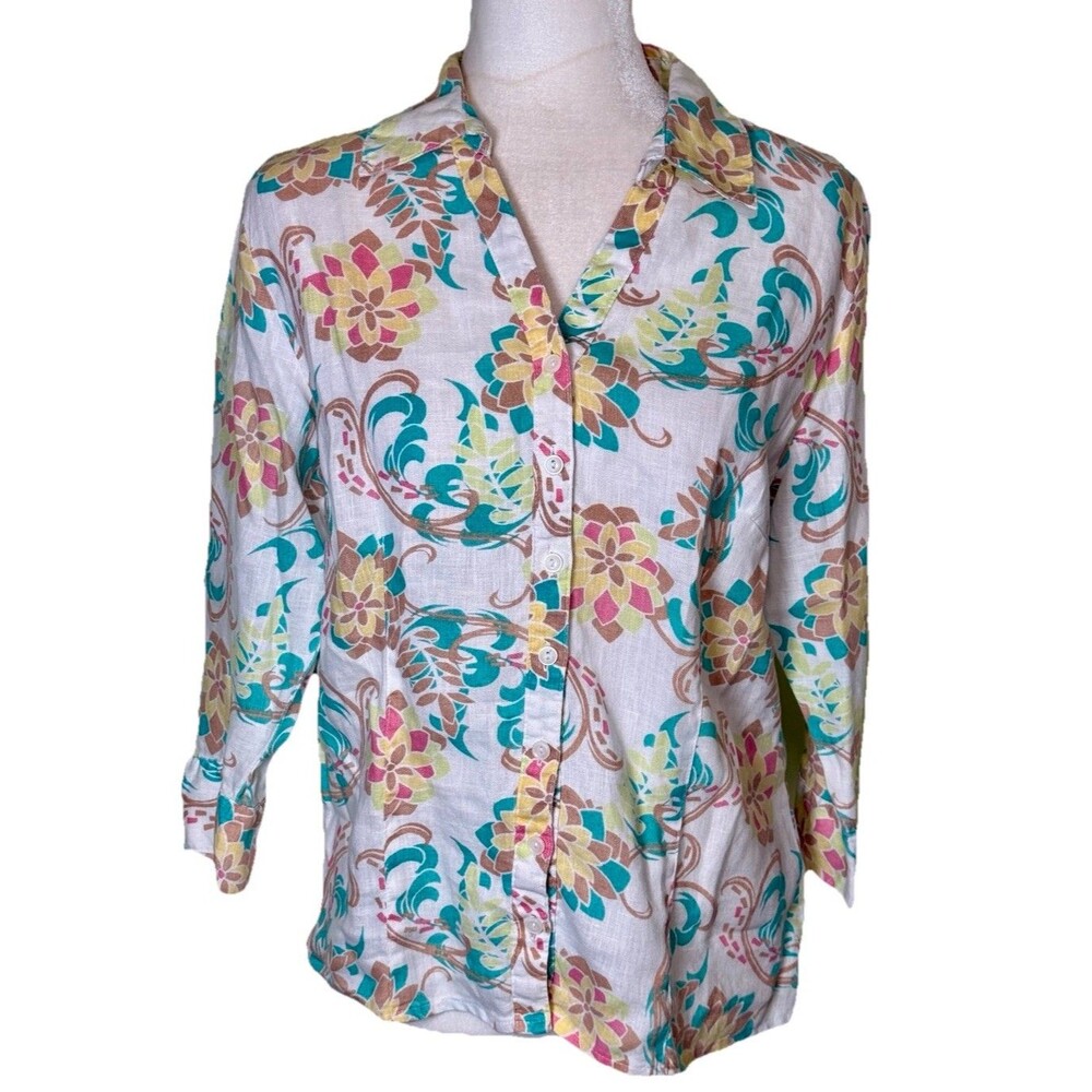 Women Boho Floral 100% Linen Button Front Blouse Lightweight Long Sleeve Top 8